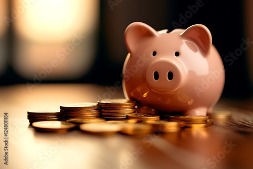 Piggy bank on coins, saving money, warm light, wooden table
