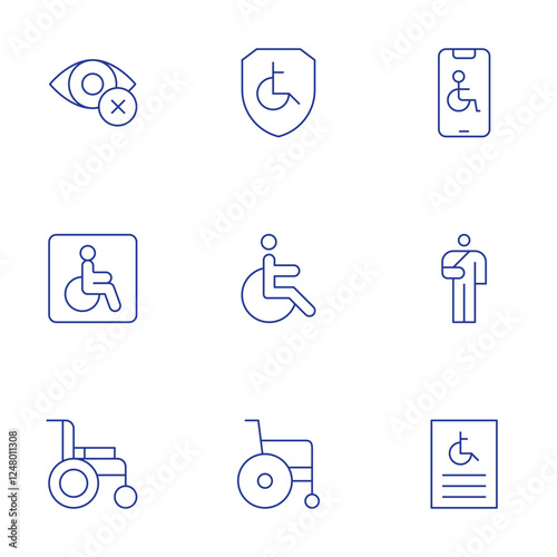 Disability icons set. Thin Line style, editable stroke. wheelchair, blind, toilet, broken arm, disability, smarphone, shield, poster