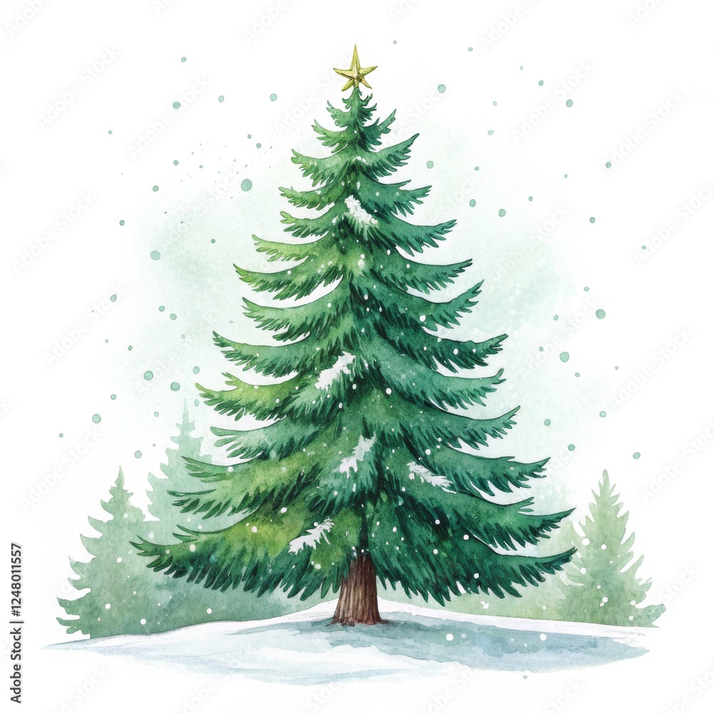 Fototapeta premium Watercolor Christmas Tree Winter Wonderland Scene, Illustration, Holiday, Snow Christmas, Watercolor