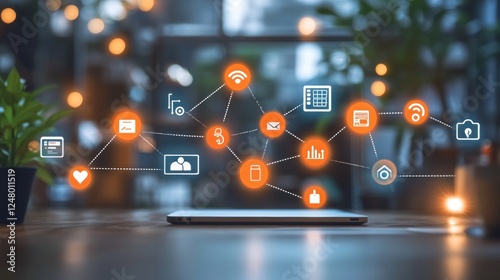 Tablet displaying interconnected digital icons on a table in a cafe setting.