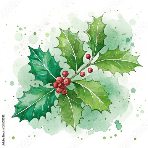 Watercolor Holly Sprig Deta...