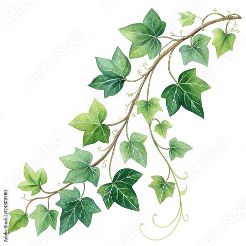 Watercolor Ivy Branch Detailed Botanical Illustration, Green Leaves, Twining Vines, Nature, Spring, Hedera Helix Ivy, Botanical Illustration