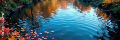 Deep blue waters with ripples on a still pond during autumn leaves fall, reflection, pond, natural scenery