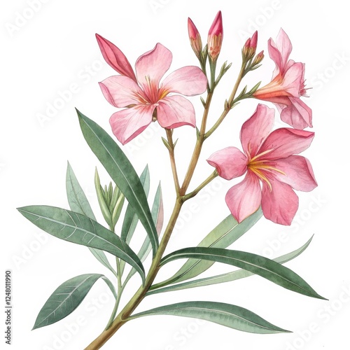 Watercolor Nerium Oleander Botanical Illustration Pink Flowers, Green Leaves, Branch Composition, Floral Art, Nature Nerium, Botanical Illustration