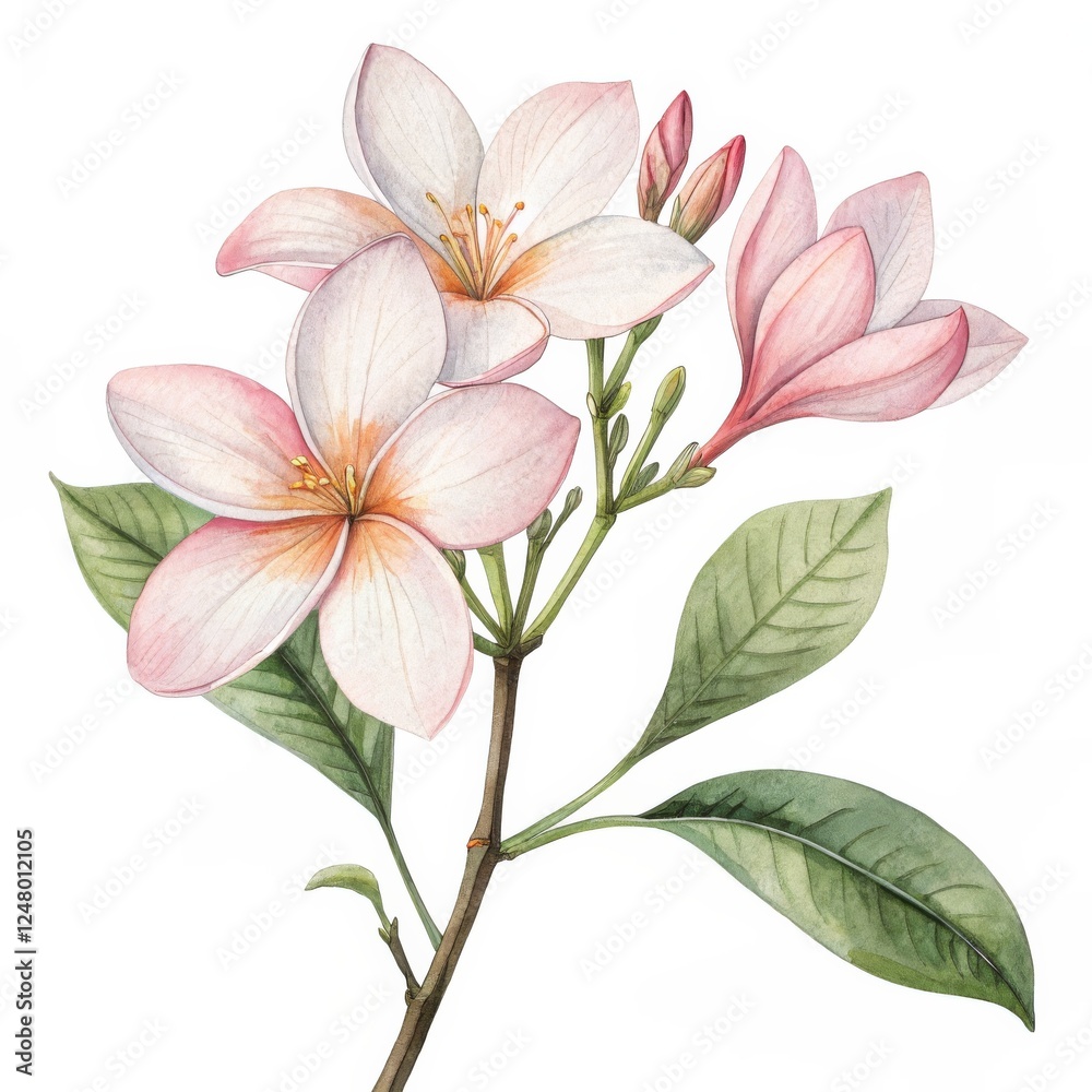 Fototapeta premium Watercolor Plumeria Branch Botanical Illustration, Floral Art, Pink and White Flowers, Soft Hues Plumeria, Watercolor Painting