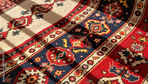 Colorful Persian rug with intricate patterns and textures