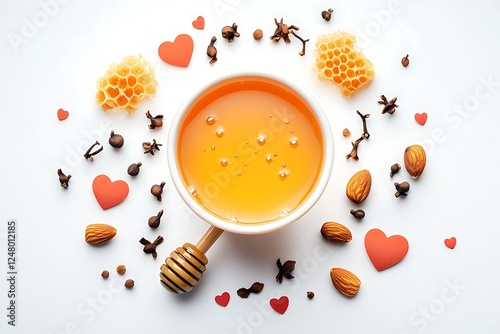 Honey in bowl, surrounded by hearts, almonds, and spices photo