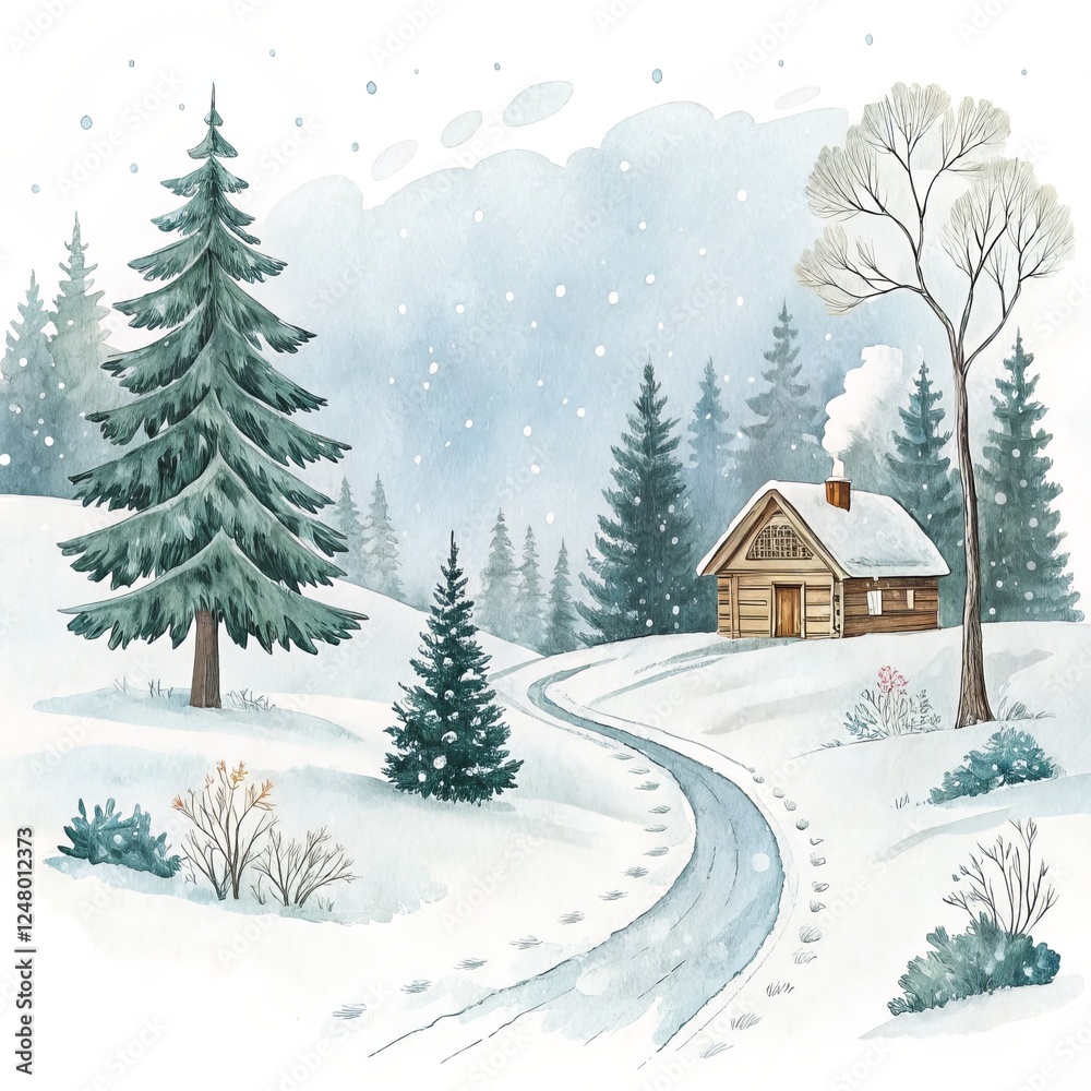 Naklejka premium Watercolor Winter Cabin Landscape Snowy Path, Forest, Composition, Winter Wonderland, Snow Scene, Cabin in Woods Winter scene, watercolor painting