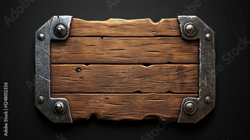 Fototapeta Naklejka Na Ścianę i Meble -  Medieval ui game wooden button with metal frame sprite for animation. Fantasy rpg title sign design on dark background. Isolated royal interface banner element assets. Ancient scratched wood bar icon