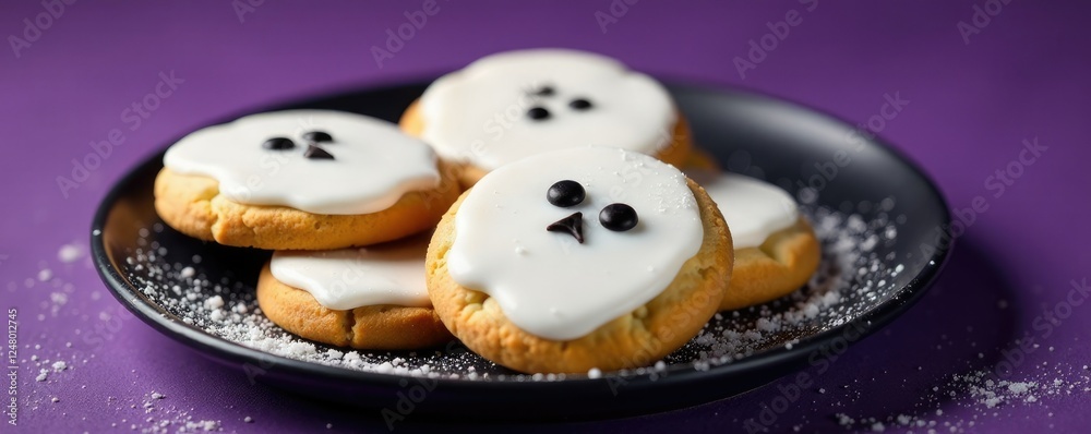 Fototapeta premium Dark plate with Halloween cookies, covered in white icing sugar, cookies, purple background