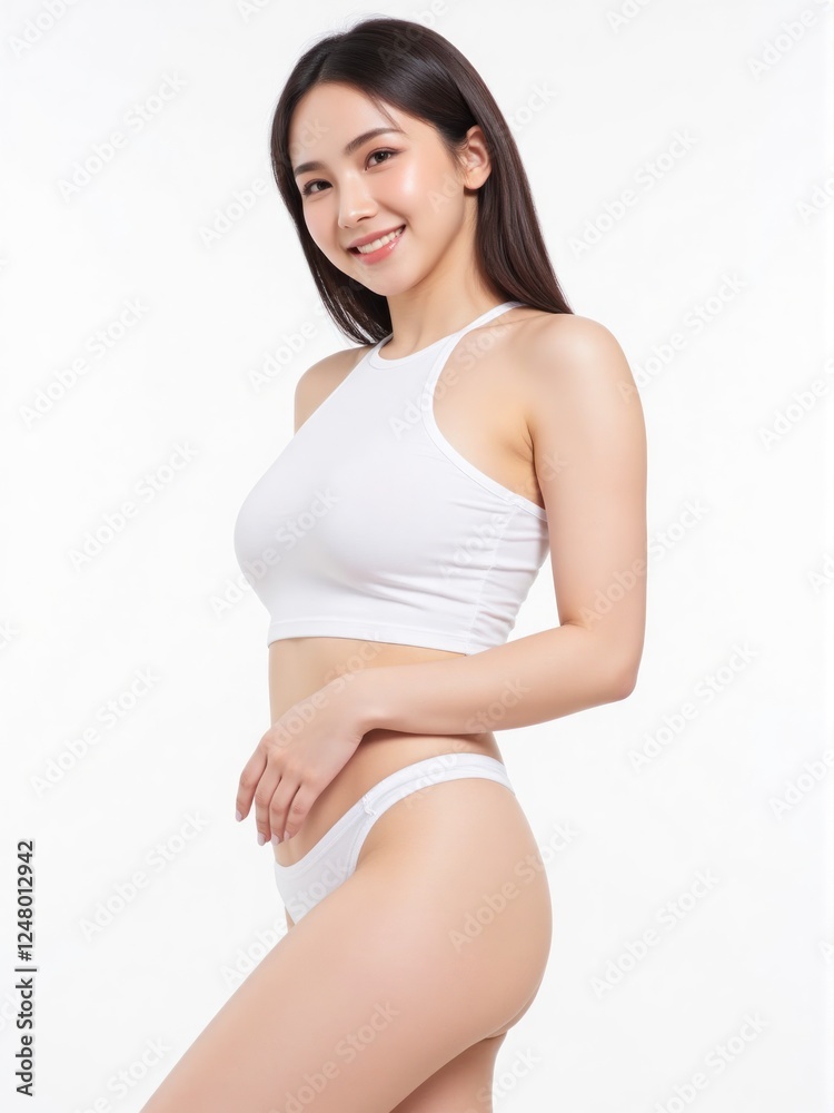 Happy and healthy woman with a perfect body shape, standing in a professional white studio. She wears a white crop top and panties while looking aside with a smile, embracing confidence Happy and healthy woman with a perfect body shape, standing in a professional white studio. She wears a white crop top and panties while looking aside with a smile, embracing confidence