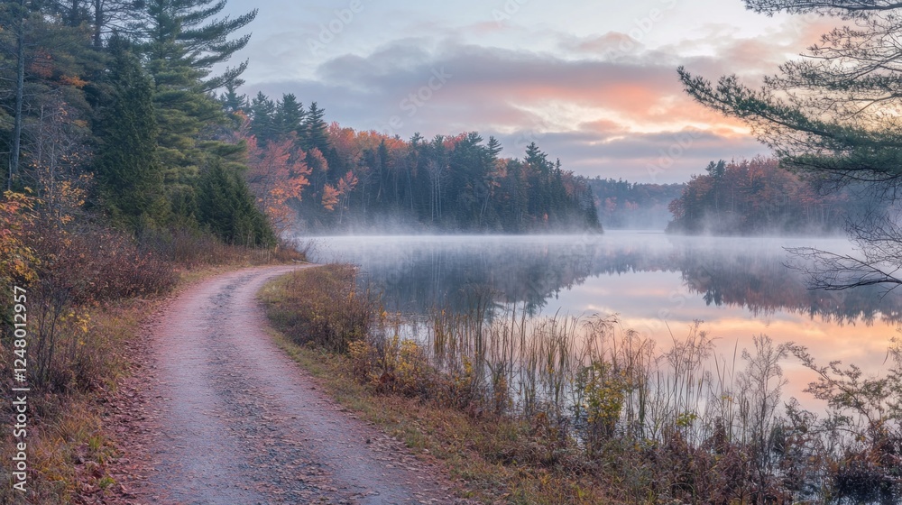 Fototapeta premium Serene autumn sunrise over a calm lake with a winding dirt road.