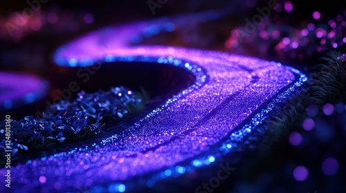 Glowing purple and blue path winding through dark landscape with sparkling crystals.