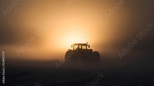 Tractor silhouette emerges from thick fog during sunrise or sunset