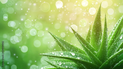 Aloe vera with water drops on a green bokeh background