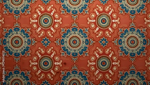 Swirling Paisley and Ornate Mandala Pattern on Terracotta Background