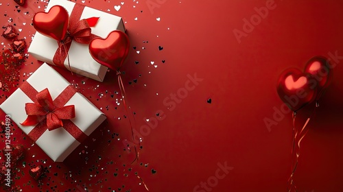White gift boxes with red ribbon bows, heart shaped balloons, and shiny confetti are displayed as Valentine's Day decorations on a red background with blank space in this top view photo.