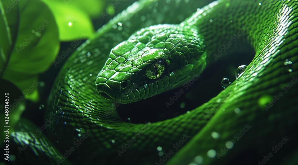 Close-up of a vibrant green snake coiled amidst lush foliage, water droplets glistening on its scales. Close-up of a vibrant green snake coiled amidst lush foliage, water droplets glistening on its scales.