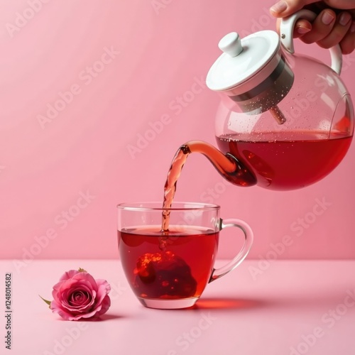 A teapot fills with rose tea and then pours it into a glass cup on a soft pink surface, surface, pour