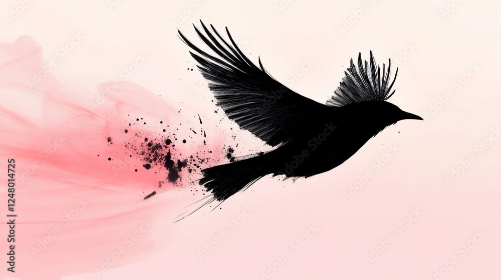 Naklejka premium Black Bird in Flight with Abstract Smoke Trail on Soft Pink Background Minimalist Design