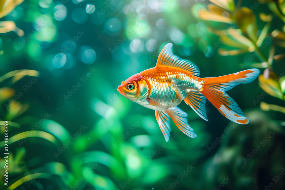 Fototapeta premium Goldfish in freshwater aquarium with green beautiful planted tropical. fish in freshwater aquarium with green beautiful planted tropical. Colorful fish on green background
