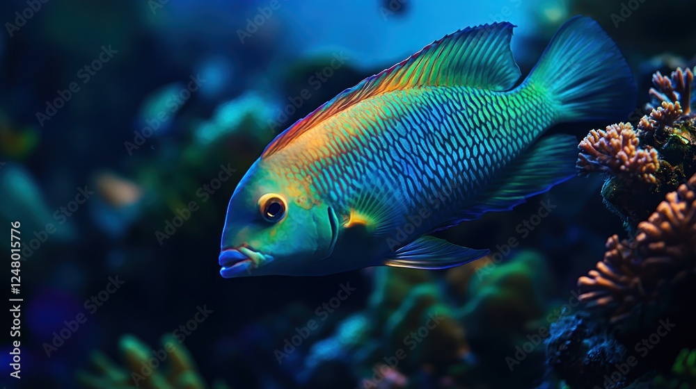 Vibrant parrotfish swimming amidst coral reef.