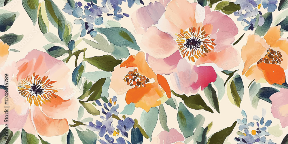 Obraz premium Floral abstract vintage seamless vector pattern, spring garden, blooming meadow, flowers, gouache painting, brush strokes, Design fabric, cover, banner, invitation