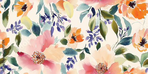 Floral abstract vintage seamless vector pattern, spring garden, blooming meadow, flowers, gouache painting, brush strokes, Design fabric, cover, banner, invitation