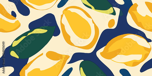Abstract citrus fruit seamless pattern. Trendy aesthetic groovy lemon and leaves design for fabric prints. Vector illustration
