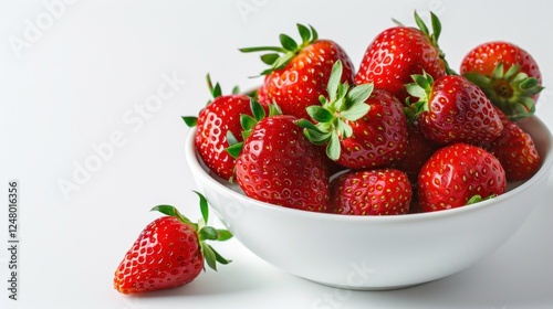 A bowl of red strawberries sits on a white table
