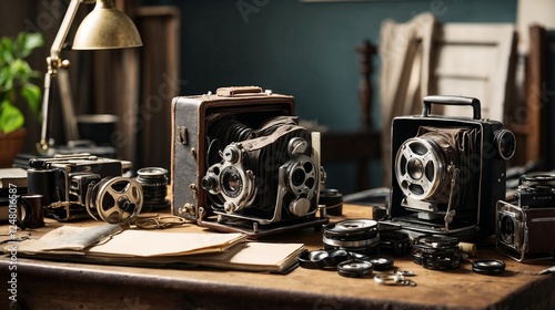 Vintage film reels and a classic camera carefully arranged on a creative work desk, ready for storytelling.