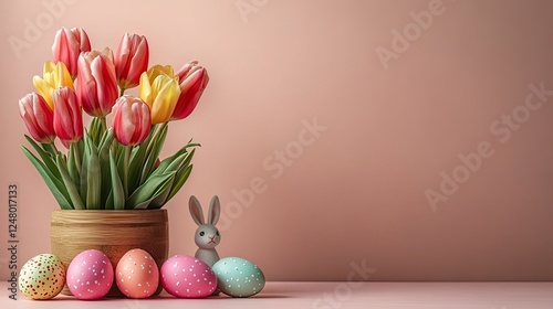 Wallpaper Mural Easter creativity in bloom. tulips, a wooden container with dyed eggs, and small bunny ornaments on a pastel beige background, featuring a vacant egg-shaped slot for text or adverts. Torontodigital.ca