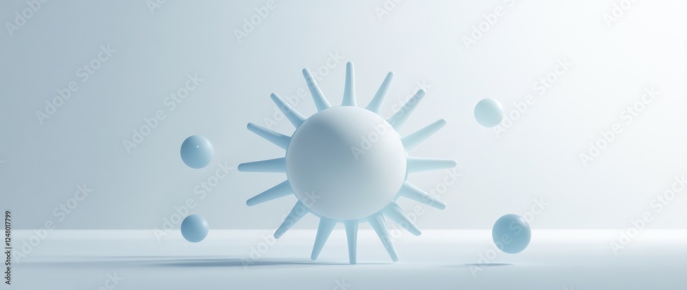 Abstract 3D rendering of a light blue sphere with radiating spikes and smaller spheres. Abstract 3D rendering of a light blue sphere with radiating spikes and smaller spheres.