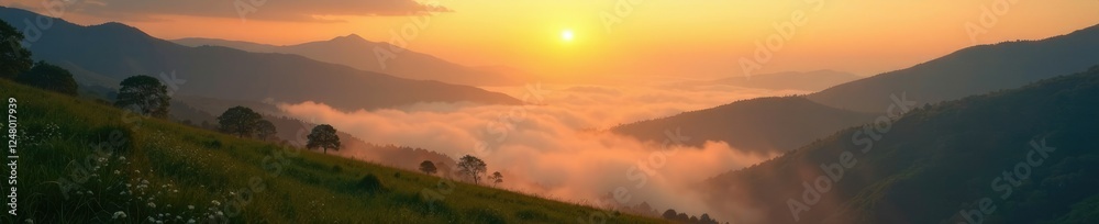 Fototapeta premium The morning sun casts a warm glow on a misty valley, serene, mist