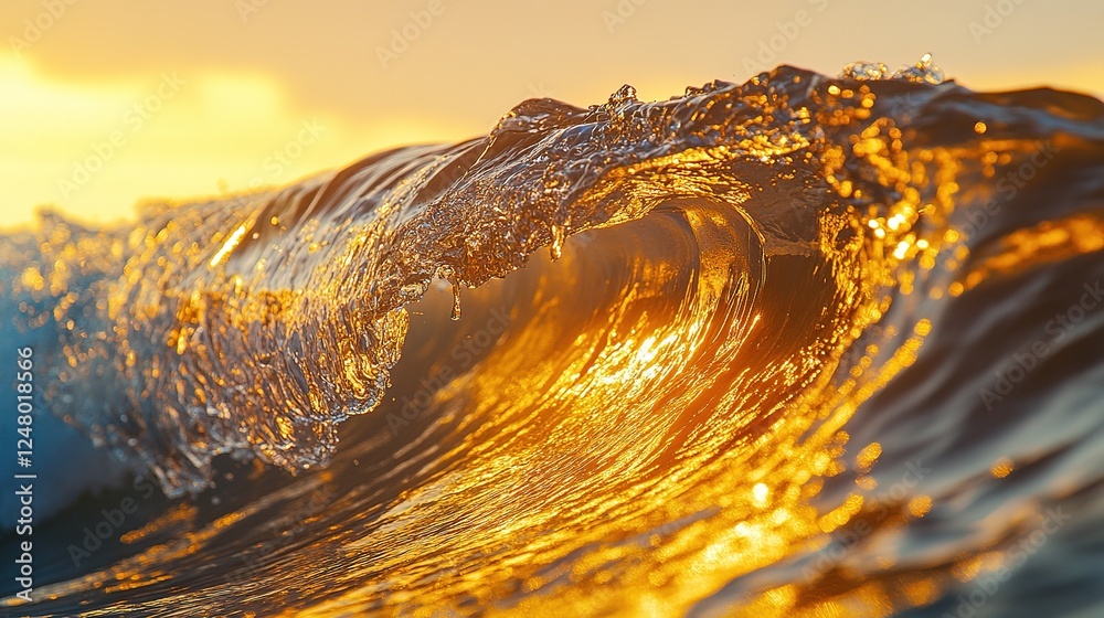 Golden Sunlight Illuminates Ocean Wave Curl Golden Sunlight Illuminates Ocean Wave Curl