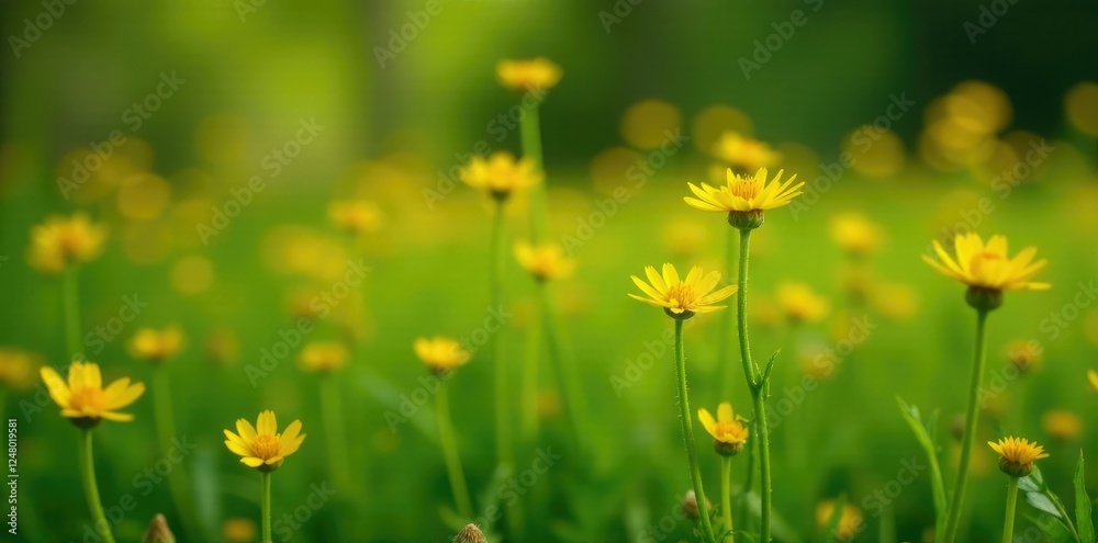Fototapeta premium Small, yellowish flowers blooming on tall stems, groundcover, deschampsia, meadow