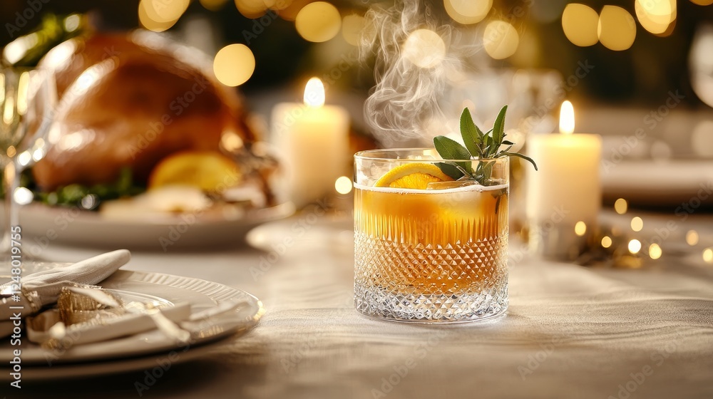 A picturesque view of a Thanksgiving dinner table, a steaming hot toddy with herbs and a citrus garnish, candles flickering, and golden roasted turkey in the background A picturesque view of a Thanksgiving dinner table, a steaming hot toddy with herbs and a citrus garnish, candles flickering, and golden roasted turkey in the background