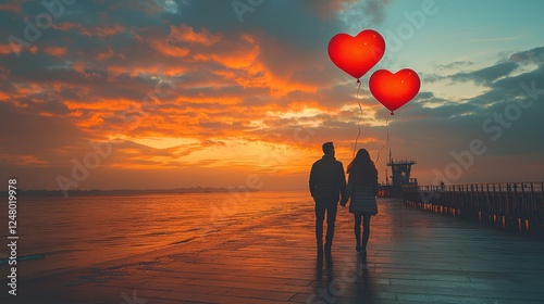 Tablou pe pânză Couple walking at sunset with heart-shaped balloons.