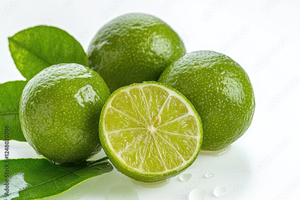 A group of limes arranged on a white surface, often used as a decorative prop or in photography A group of limes arranged on a white surface, often used as a decorative prop or in photography