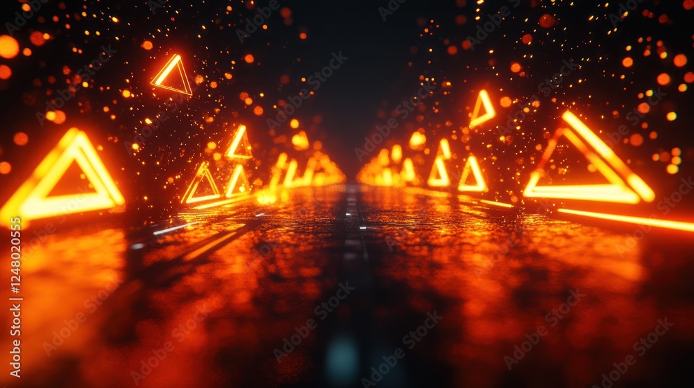 Glowing orange triangles in dark tunnel. Glowing orange triangles in dark tunnel.