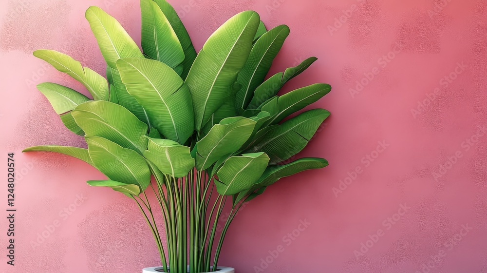 Vibrant Green Tropical Plant Against a Textured Pink Wall Botanical Photography Vibrant Green Tropical Plant Against a Textured Pink Wall Botanical Photography