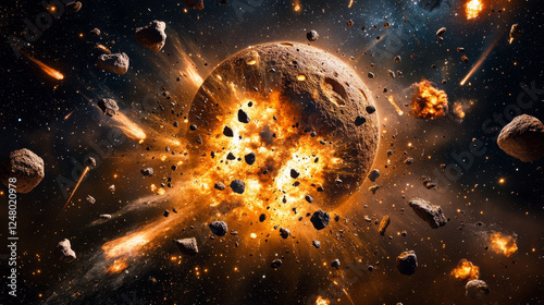 Planet explosion, asteroid or meteorite burst with fire, smoke and flying stones in outer space. Vector cartoon fantastic illustration of galaxy with stars and blue sphere blast