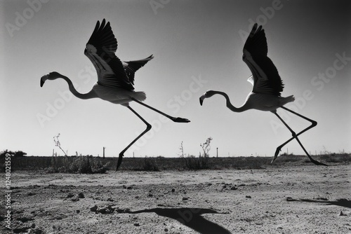 Two flamingos in flight, taking off from the ground, monochrome image.