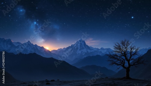 Majestic Mountain Range Night Sky Landscape with Lone Tree