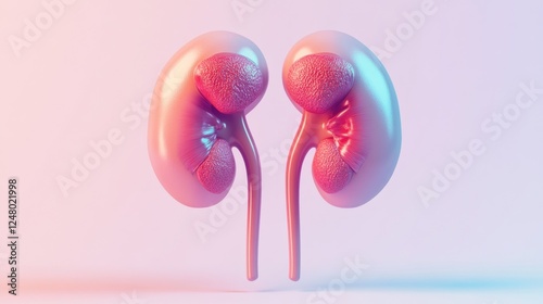 3D render of human kidneys with vibrant pink and blue lighting.