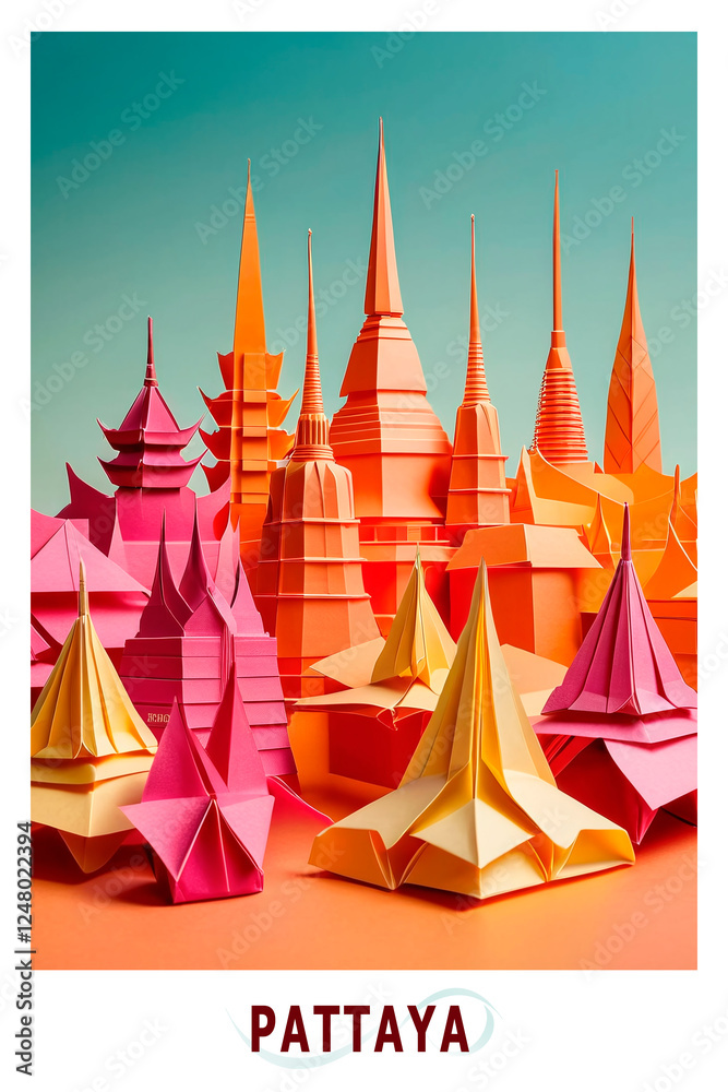 Pattaya, Thailand city poster in origami style. Layered folded paper image with skyline, panorama, temples for flyer, postcard, print Pattaya, Thailand city poster in origami style. Layered folded paper image with skyline, panorama, temples for flyer, postcard, print