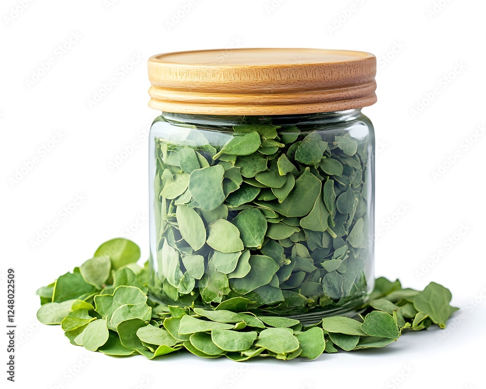 Dried Moringa Leaves in Glass Jar Dried Moringa Leaves in Glass Jar