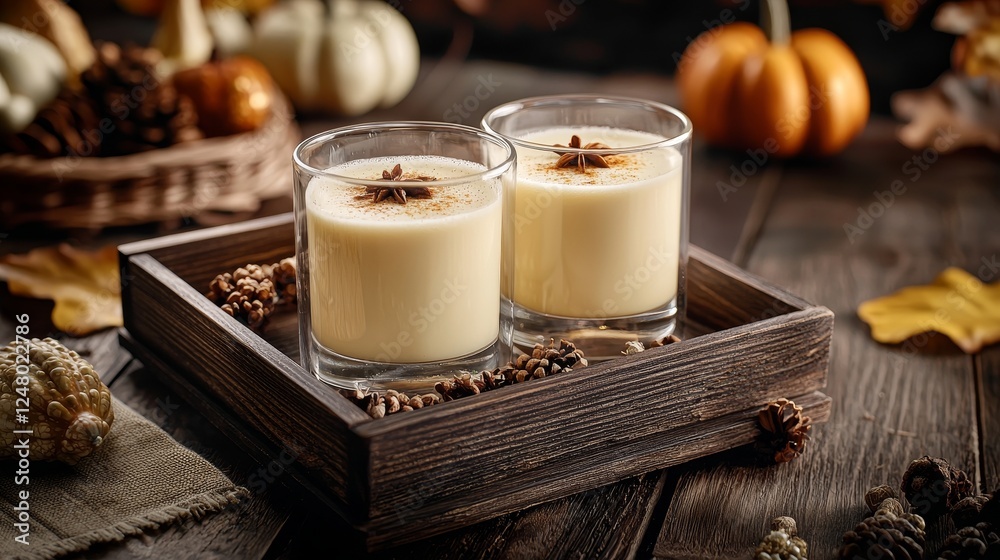 A rustic, wooden tray carrying eggnog glasses with clove garnishes, set on a Thanksgiving dinner table decorated with gourds, maize, and dried autumn leaves A rustic, wooden tray carrying eggnog glasses with clove garnishes, set on a Thanksgiving dinner table decorated with gourds, maize, and dried autumn leaves