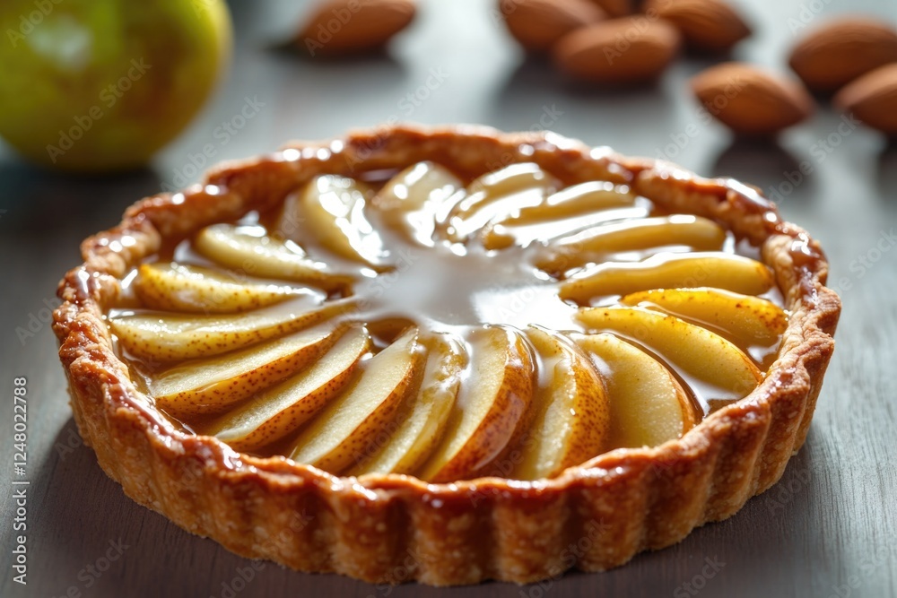 Freshly baked tart with sliced apples and almonds on a table, perfect for a breakfast or brunch Freshly baked tart with sliced apples and almonds on a table, perfect for a breakfast or brunch