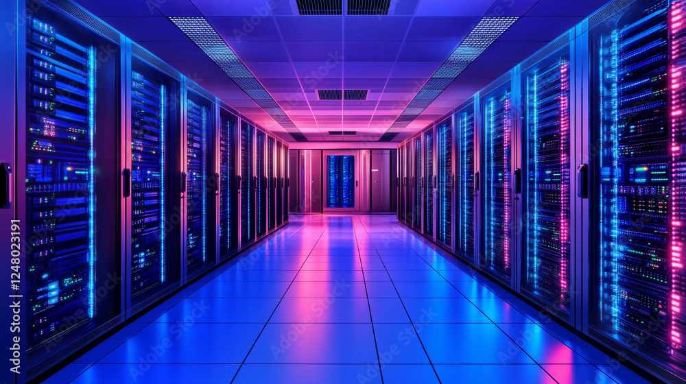 Abstract data center room with bright neon blue and pink light glowing server blocks. Realistic 3d vector illustration of tunnel with digital information and database warehouse super computer. Abstract data center room with bright neon blue and pink light glowing server blocks. Realistic 3d vector illustration of tunnel with digital information and database warehouse super computer.